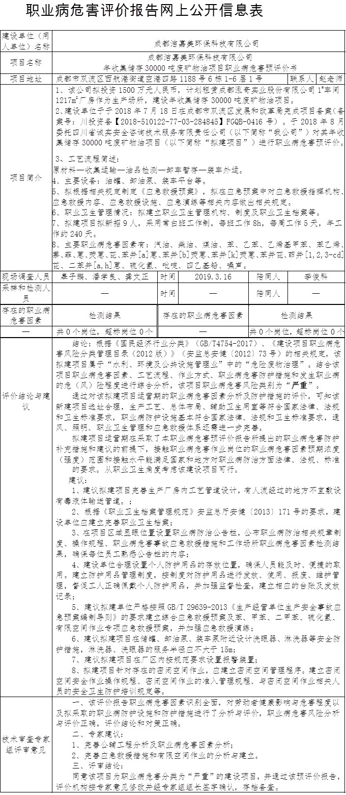 成都潔嘉美環保科技有限公司年收集儲存30000噸廢礦物油項目職業病危害預評價書.jpg