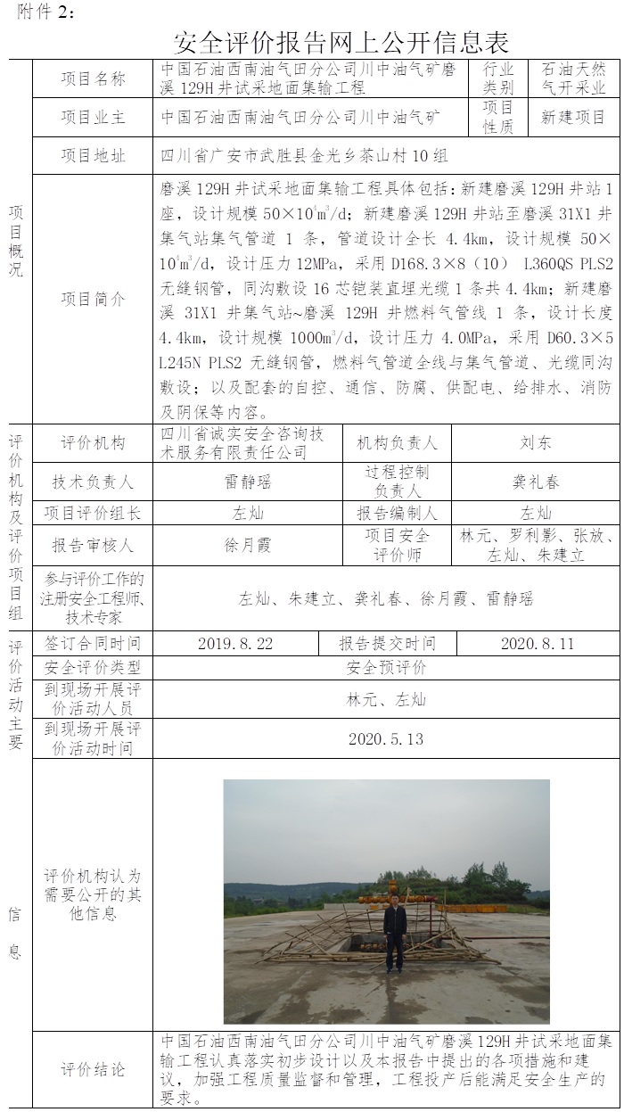 中國石油西南油氣田分公司川中油氣礦磨溪129H井試采地面集輸工程安全預評價.jpg