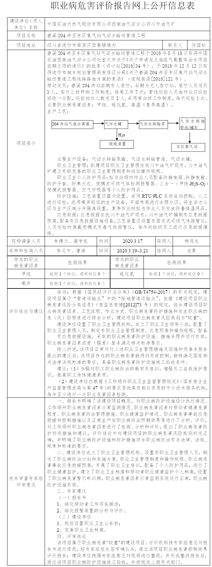 中國石油天然氣股份有限公司西南油氣田分公司川中油氣礦磨溪204井至東區集氣站氣田水輸送管道工程職業病危害控制效果評價.jpg