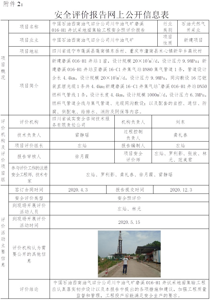 中國石油西南油氣田分公司川中油氣礦磨溪016-H1井試采地面集輸工程安全預評價（四川）.jpg