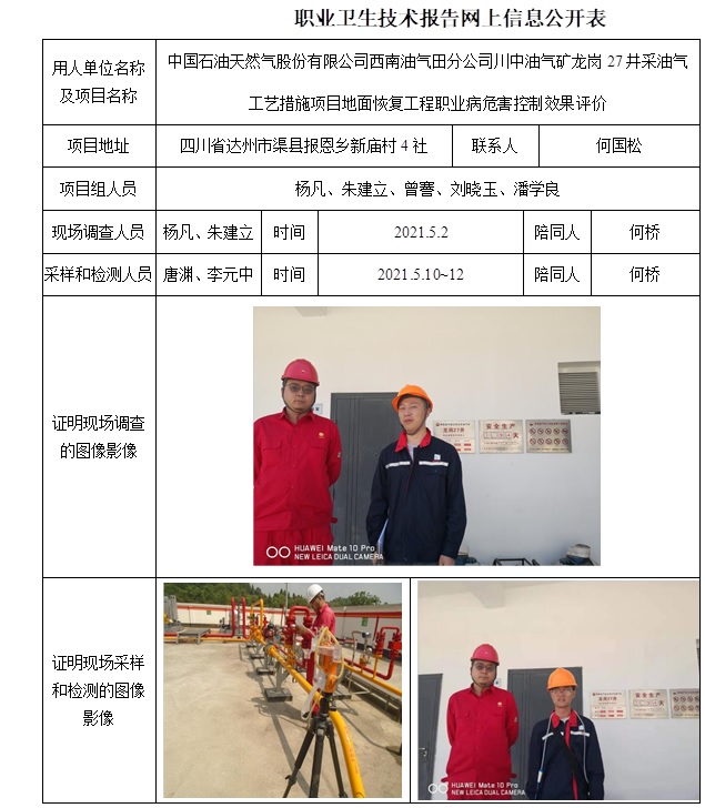 中國石油天然氣股份有限公司西南油氣田分公司川中油氣礦龍崗27井采油氣工藝措施項目地面恢復工程職業病危害控制效果評價.jpg