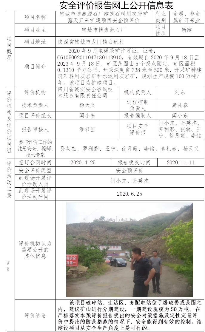 韓城市博鑫源石廠建筑石料用灰巖礦露天開采擴建項目安全預評價.jpg