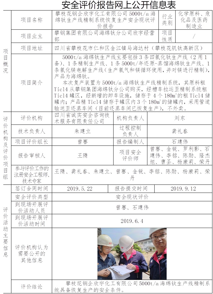 攀枝花鋼企欣宇化工有限公司5000t每a海綿鈦生產(chǎn)線精制系統(tǒng)恢復(fù)生產(chǎn)安全現(xiàn)狀評價.jpg