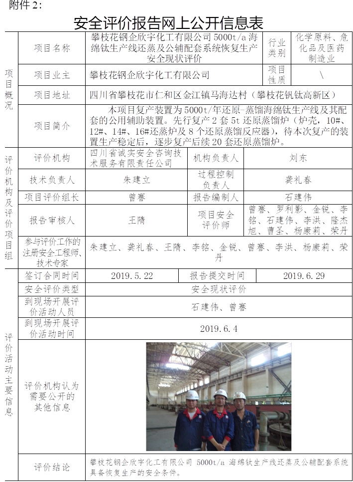 攀枝花鋼企欣宇化工有限公司5000t每a海綿鈦生產(chǎn)線還蒸及公輔配套系統(tǒng)恢復(fù)生產(chǎn)安全現(xiàn)狀評價.jpg