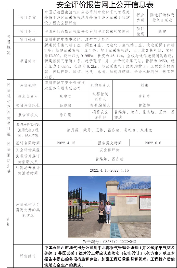 中國石油西南油氣田分公司川中北部采氣管理處蓬探1井區試采集氣站及蓬探1井區試采干線建設工程安全預評價.jpg