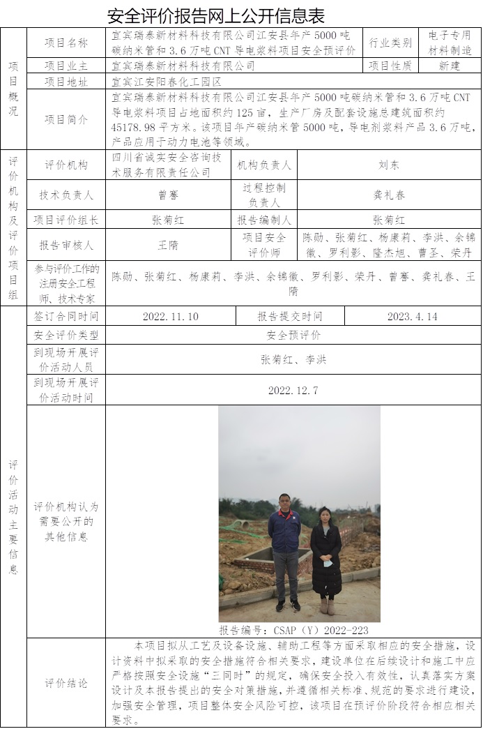 CSAP（Y）2022-223  宜賓瑞泰新材料科技有限公司江安縣年產5000噸碳納米管和3.6萬噸CNT導電漿料項目安全預評價報告.jpg