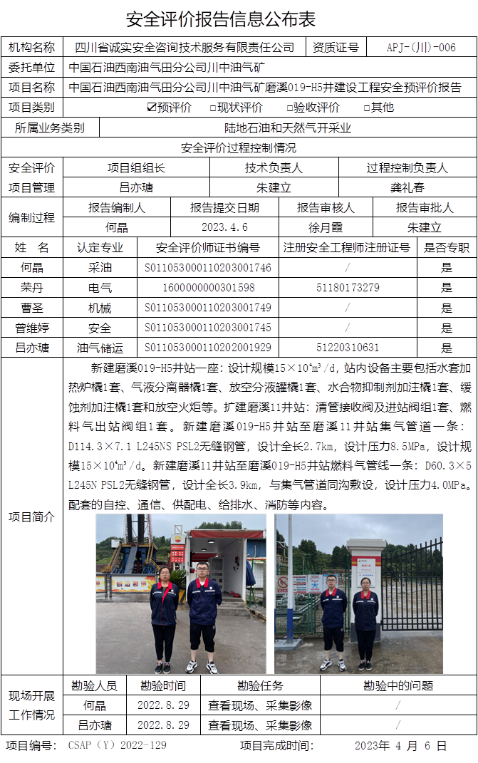 重慶格式CSAP（Y）2022-129中國石油西南油氣田分公司川中油氣礦磨溪019-H5井建設(shè)工程安全預評價報告.png
