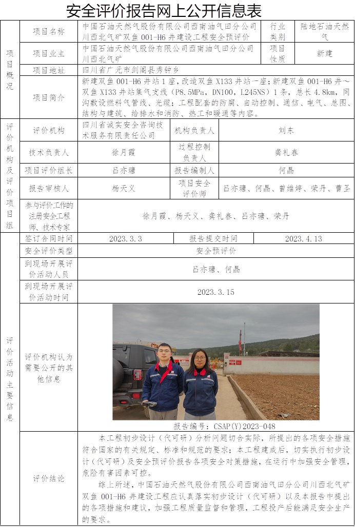CSAP（Y）2023-048 中國石油股份有限公司西南油氣田分公司川西北氣礦雙魚001-H6井建設工程安全預評價.jpg