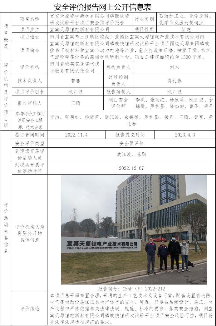 CSAP（Y）2022-212  宜賓天原鋰電新材有限公司磷酸鐵鋰研發試驗平臺項目安全預評價報告.jpg