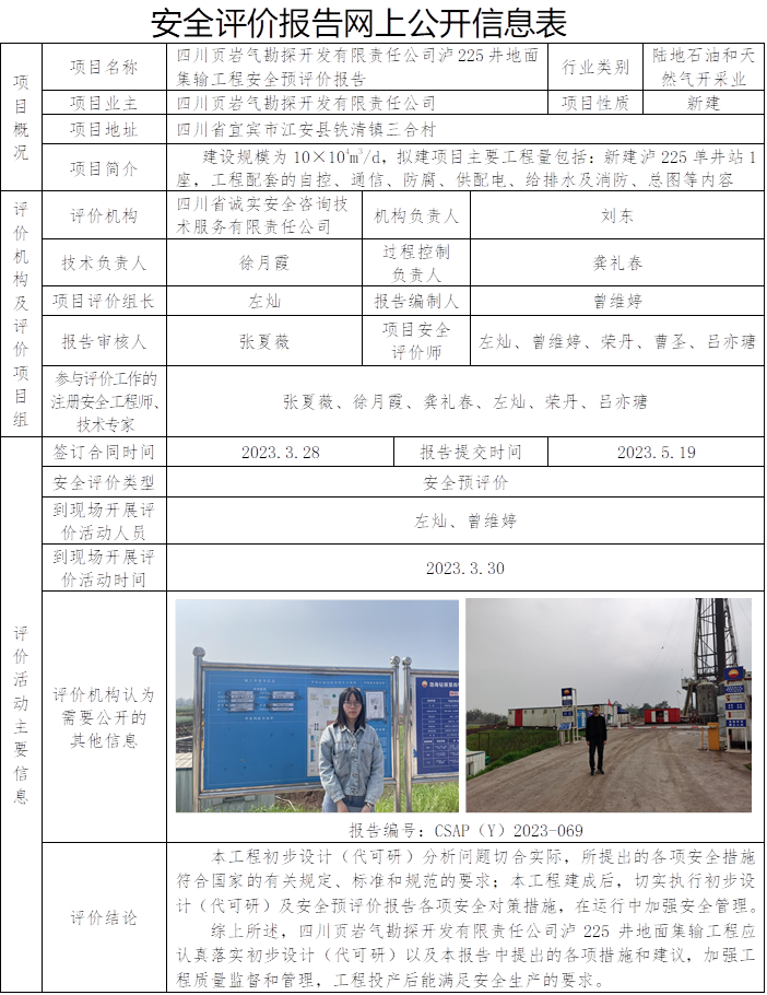 CSAP（Y）2023-069 四川頁巖氣勘探開發(fā)有限責任公司瀘225井地面集輸工程安全預評價報告.png