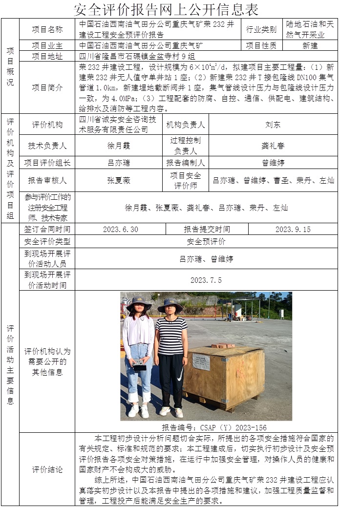 CSAP（Y）2023-156 中國石油西南油氣田分公司重慶氣礦榮232井建設工程安全預評價報告.jpg