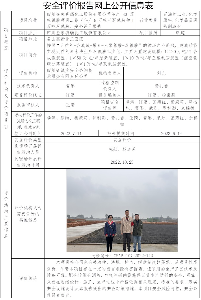 CSAP（Y）2022-143 四川金象賽瑞化工股份有限公司年產(chǎn)30萬噸氰胺項目二期（年產(chǎn)9萬噸三聚氰胺和1萬噸雙氰胺）安全評價報告-2023.6底.jpg