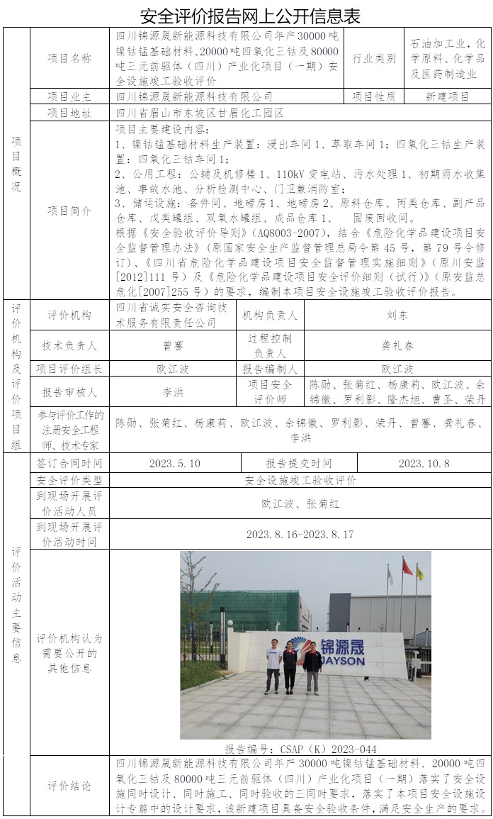 CSAP（K）2023-044 四川錦源晟新能源科技有限公司年產30000噸鎳鈷錳基礎材料、20000噸四氧化三鈷及80000噸三元前驅體（四川）產業化項目（一期）安全設施竣工驗收評價報告.jpg