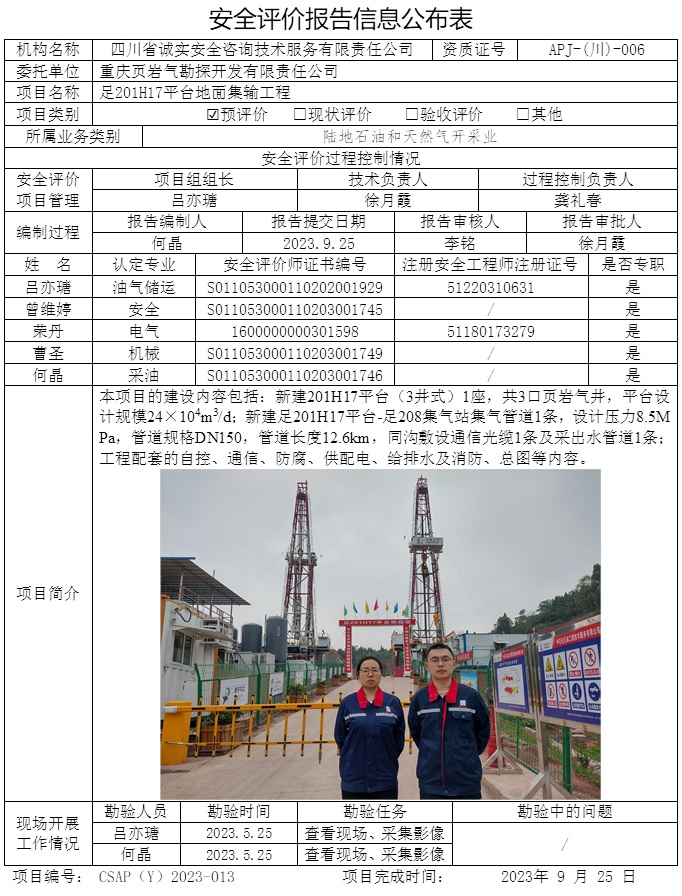 CSAP（Y）2023-013 重慶頁巖氣勘探開發有限責任公司足201H17平臺地面集輸工程安全預評價報告.jpg