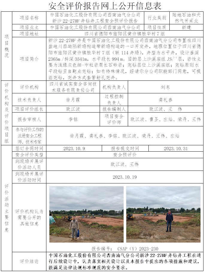 CSAP（Y）2023-230 中國石油化工股份有限公司西南油氣分公司新沙22-27HF井鉆井工程安全預評價報告.jpg