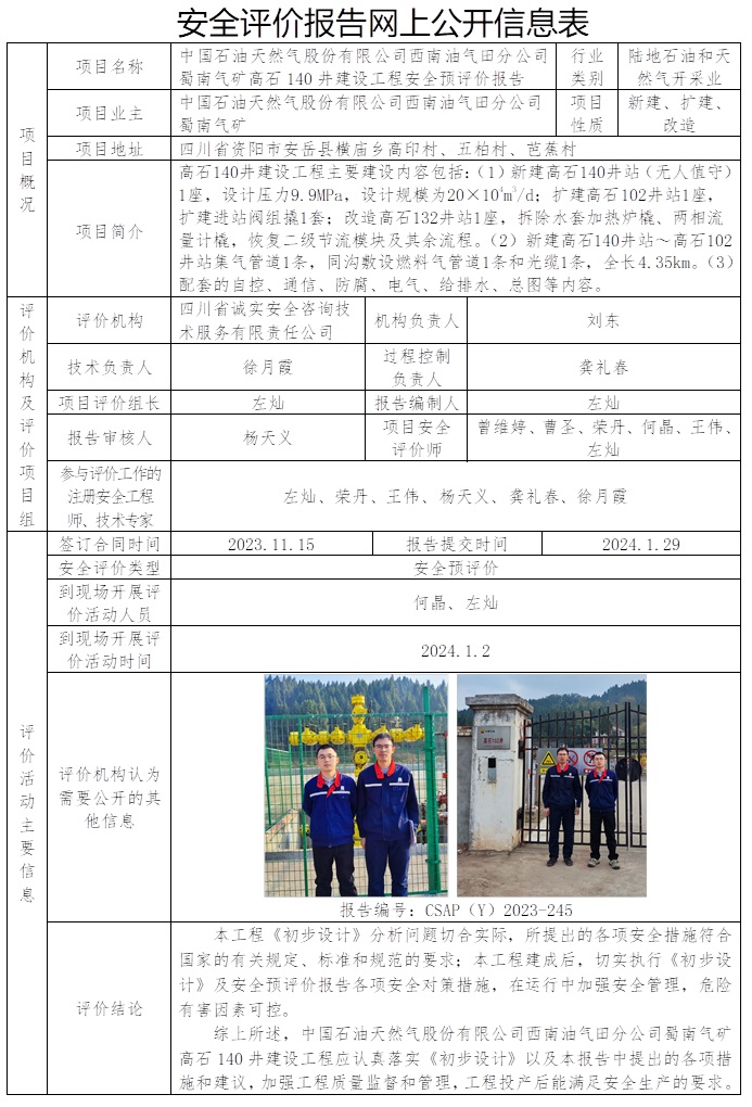CSAP（Y）2023-245 中國石油天然氣股份有限公司西南油氣田分公司蜀南氣礦高石140井建設工程安全預評價報告.jpg