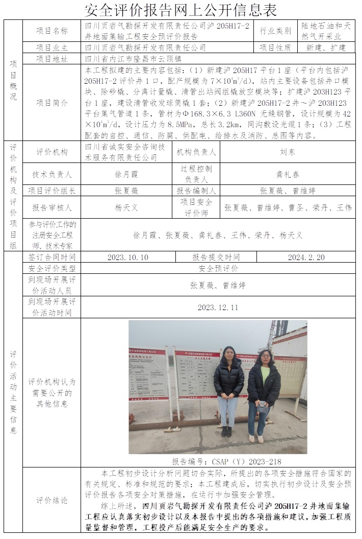 CSAP（Y）2023-218 四川頁巖氣勘探開發有限責任公司瀘205H17-2井地面集輸工程安全預評價報告.jpg