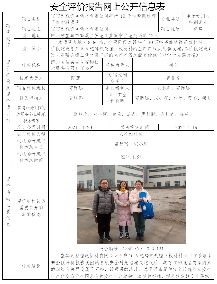 CSAP（Y）2023-131 宜賓天程鋰電新材有限公司天程鋰電年產(chǎn)10萬噸磷酸鐵鋰正極材料項目安全預評價.jpg