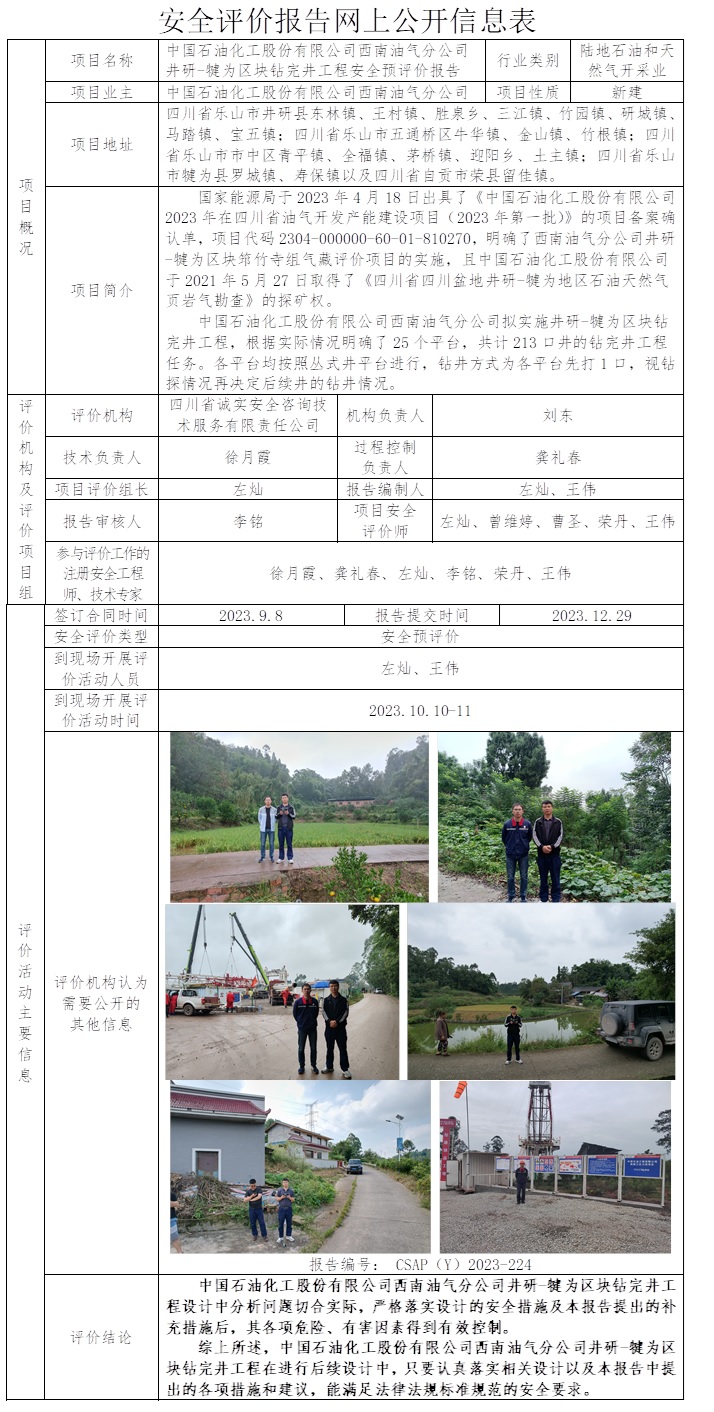 CSAP（Y）2023-224 中國石油化工股份有限公司西南油氣分公司井研-犍為區(qū)塊鉆完井工程安全預(yù)評價報告（24.1中旬）.jpg