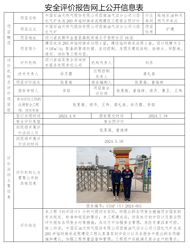 CSAP（Y）2024-051 中國石油天然氣股份有限公司西南油氣田分公司川西北氣礦永淺203井臨時排采流程建設工程安全預評價.jpg