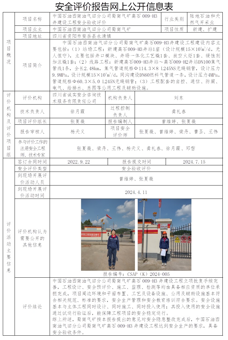 CSAP（K）2024-005 中國石油西南油氣田分公司蜀南氣礦高石009-H3井建設工程安全驗收評價.jpg