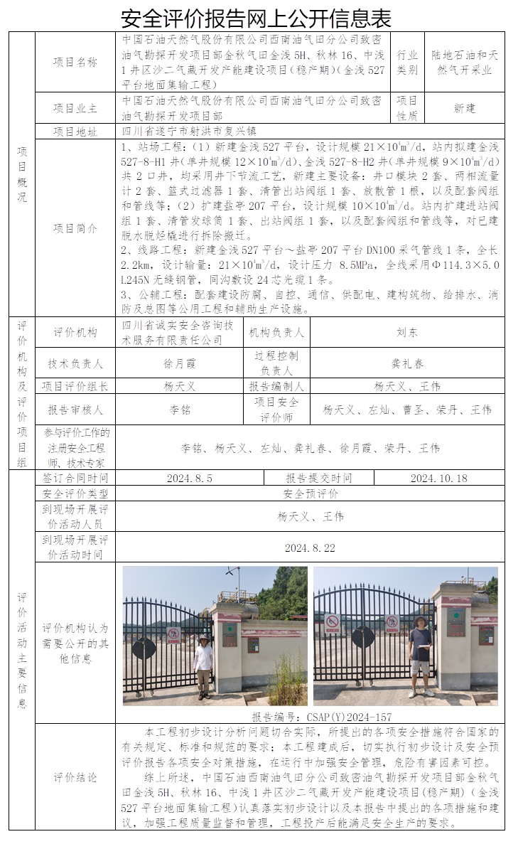 CSAP（Y）2024-157 中國石油天然氣股份有限公司西南油氣田分公司致密油氣勘探開發項目部金秋氣田金淺5H、秋林16、中淺1井區沙二氣藏開發產能建設項目（穩產期）（金淺527平臺地面集輸工程）安全預評價報告.jpg