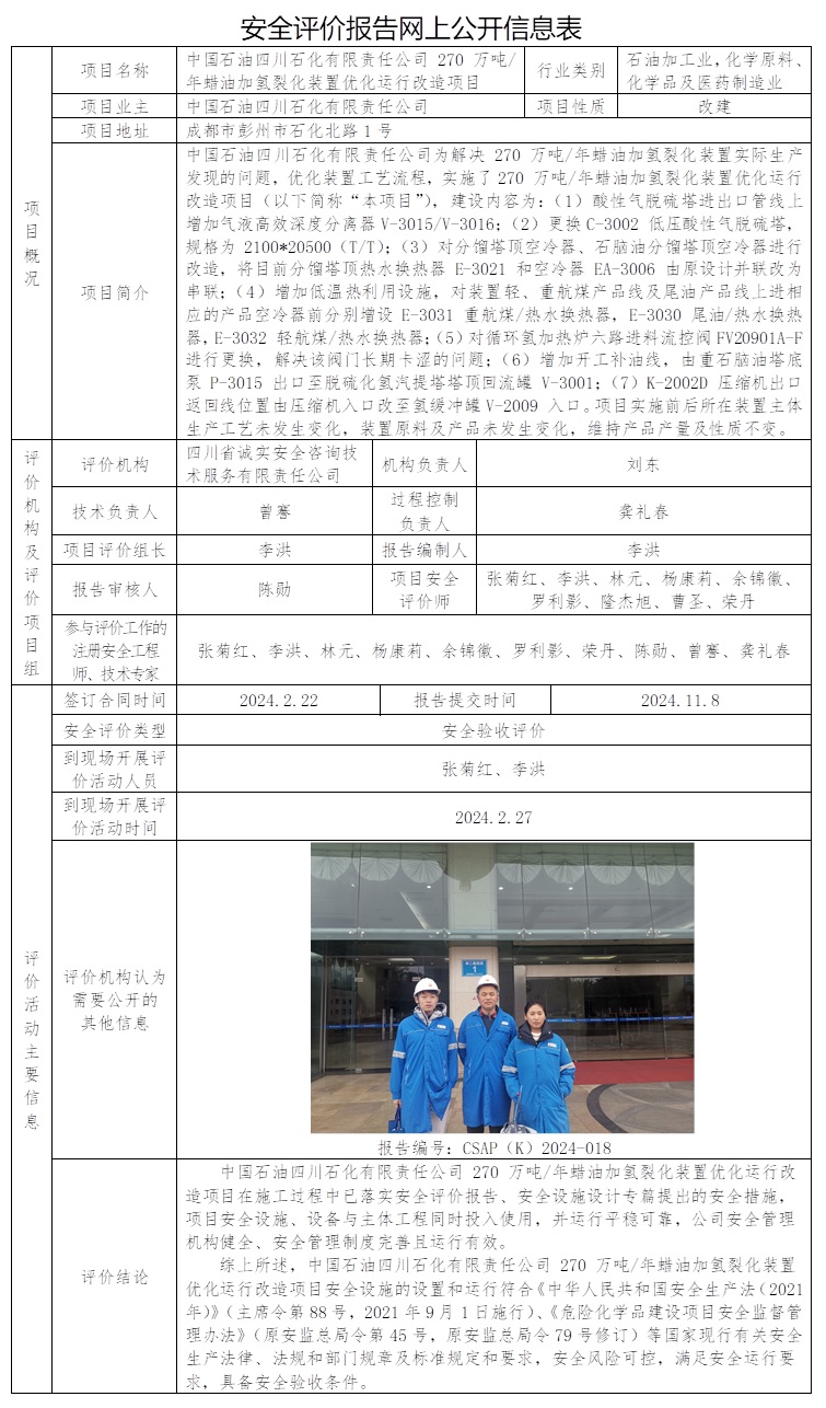CSAP（K）2024-018 中國石油四川石化有限責任公司 270 萬噸年蠟油加氫裂化裝置優化運行改造項目安全驗收評價.jpg