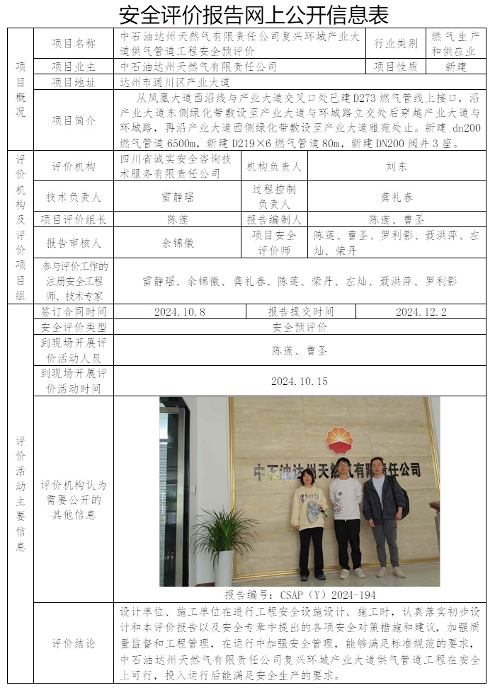 CSAP（Y）2024-194 中石油達州天然氣有限責任公司復興環城產業大道供氣管道工程安全預評價.jpg
