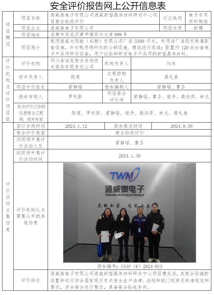 CSAP（K）2024-013 通威微電子有限公司通威新型晶體材料研發(fā)中心項(xiàng)目安全驗(yàn)收評(píng)價(jià)報(bào)告（24.10，協(xié)會(huì)可不公示）.jpg