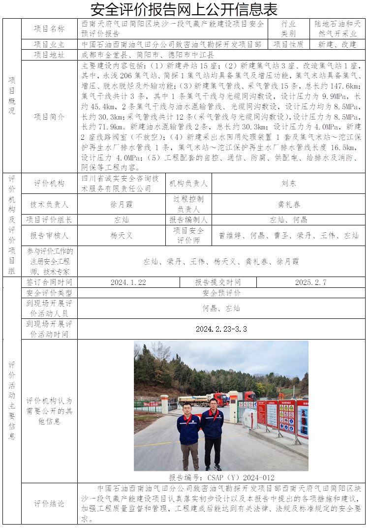 CSAP（Y）2024-012 中國石油西南油氣田分公司致密油氣勘探開發項目部西南天府氣田簡陽區塊沙一段氣藏產能建設項目安全預評價報告.jpg