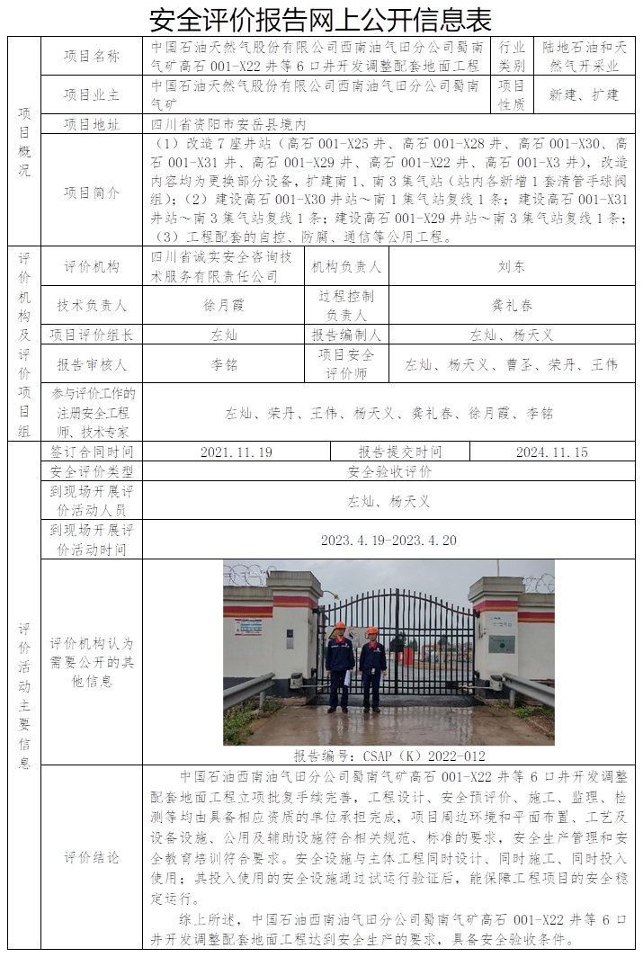 CSAP（K）2022-012 中國石油西南油氣田分公司蜀南氣礦高石001-X22井等6口井開發調整配套地面工程安全驗收評價報告.jpg