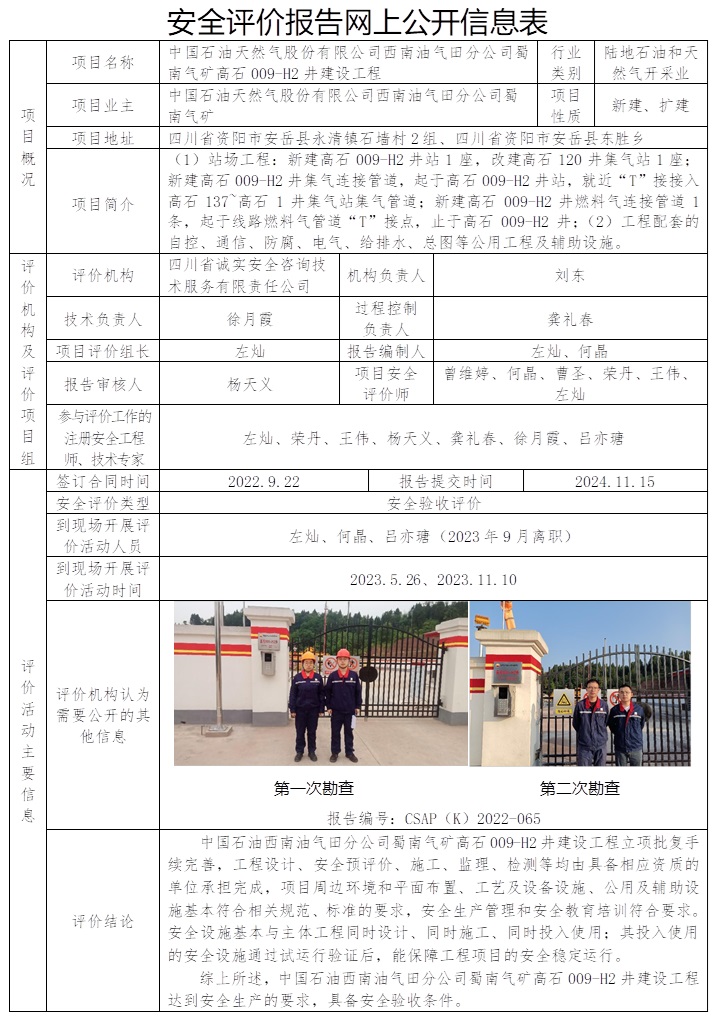 CSAP（K）2022-065 中國石油天然氣股份有限公司西南油氣田分公司蜀南氣礦高石009-H2井建設工程安全驗收評價報告.jpg