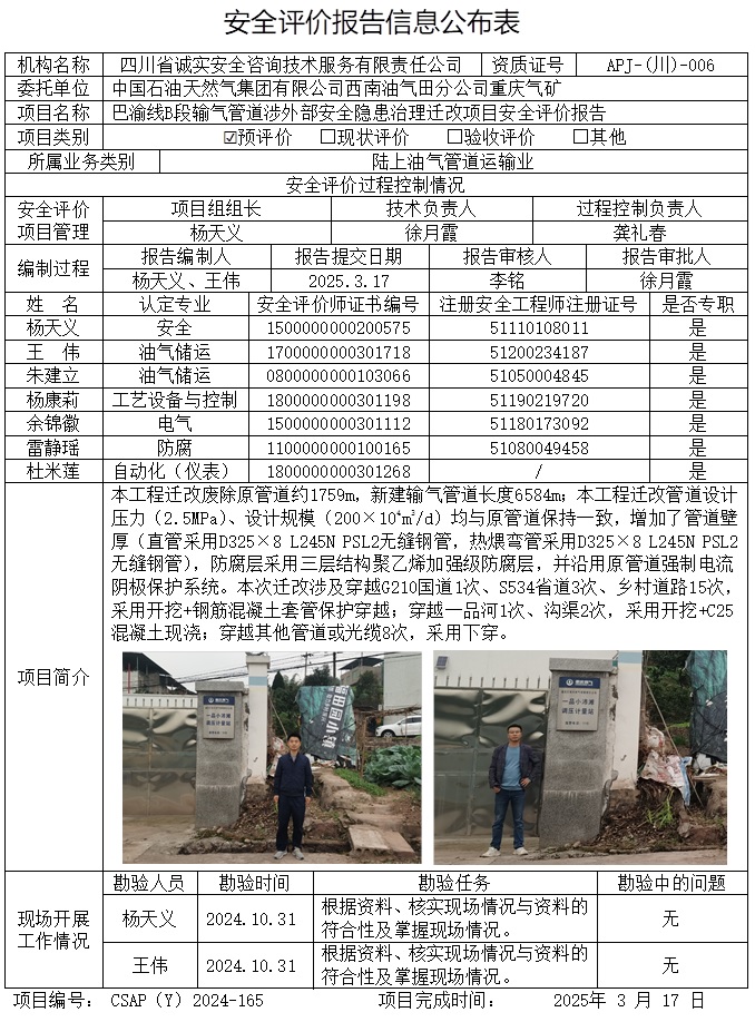CSAP（Y）2024-165 中國石油西南油氣田分公司重慶氣礦巴渝線B段輸氣管道涉外部安全隱患治理遷改項目安全評價報告.jpg