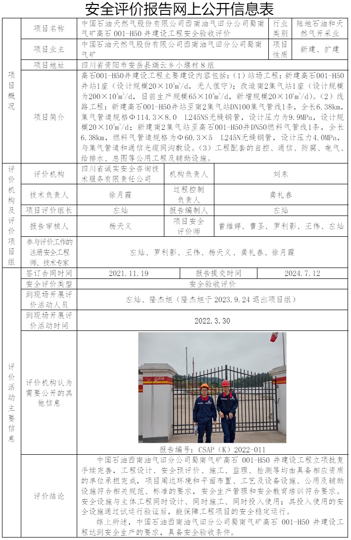 CSAP（K）2022-011 中國石油西南油氣田分公司蜀南氣礦高石001-H50井建設工程安全驗收評價報告.jpg