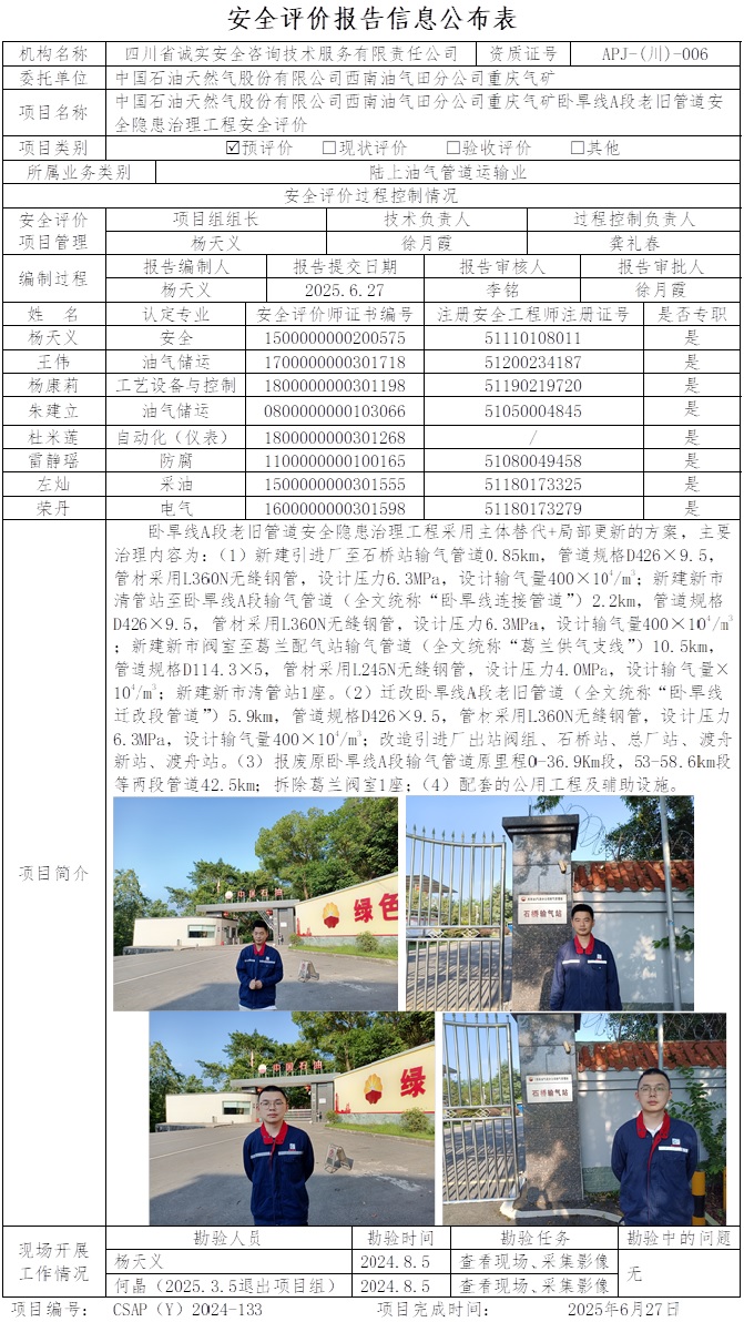 CSAP(Y)2024-133 中國石油天然氣股份有限公司西南油氣田分公司重慶氣礦臥旱線A段老舊管道安全隱患治理工程安全評價.jpg